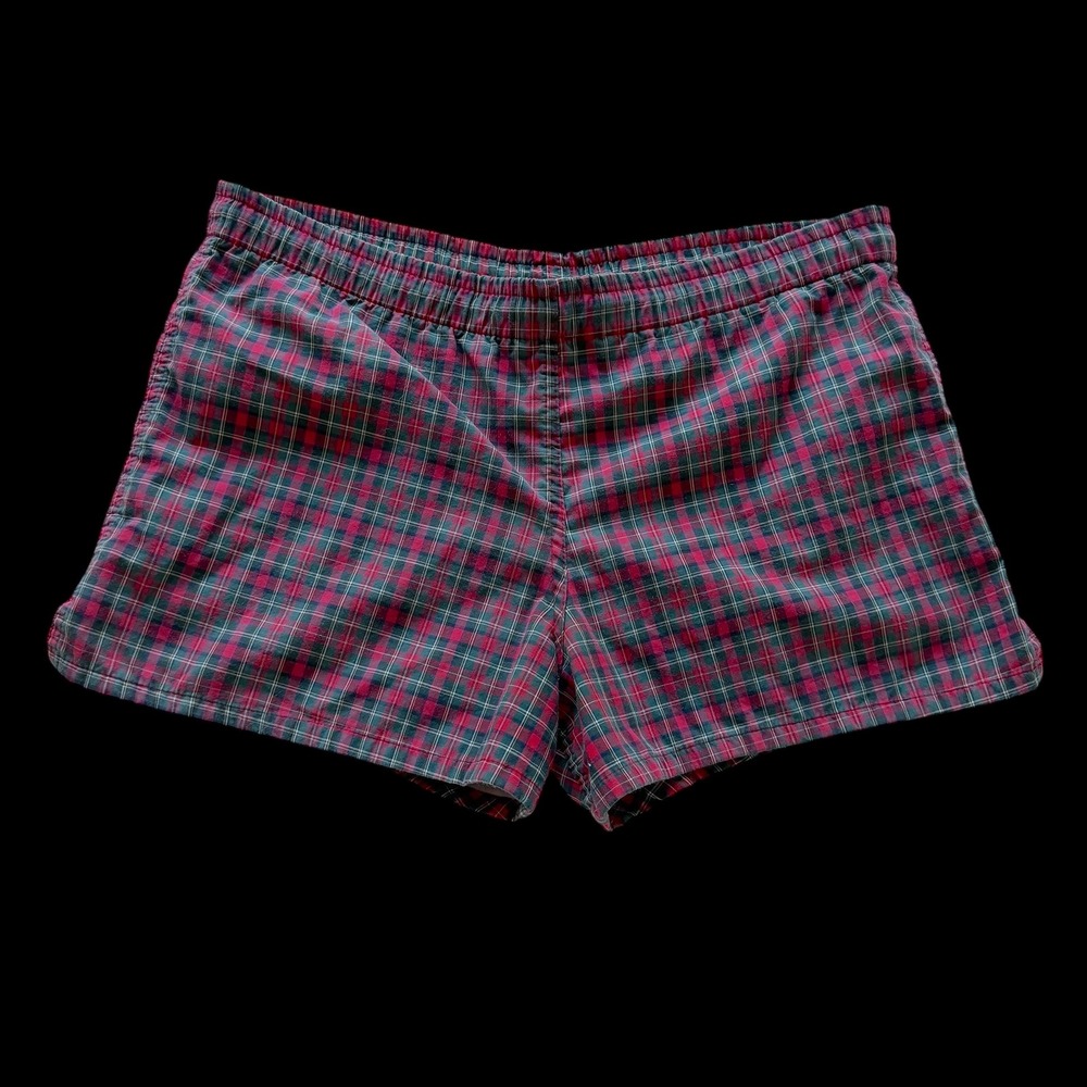 70's Mens Plaid Swim Trunks Red Green Tartan Mesh Liner Made in USA Medium
